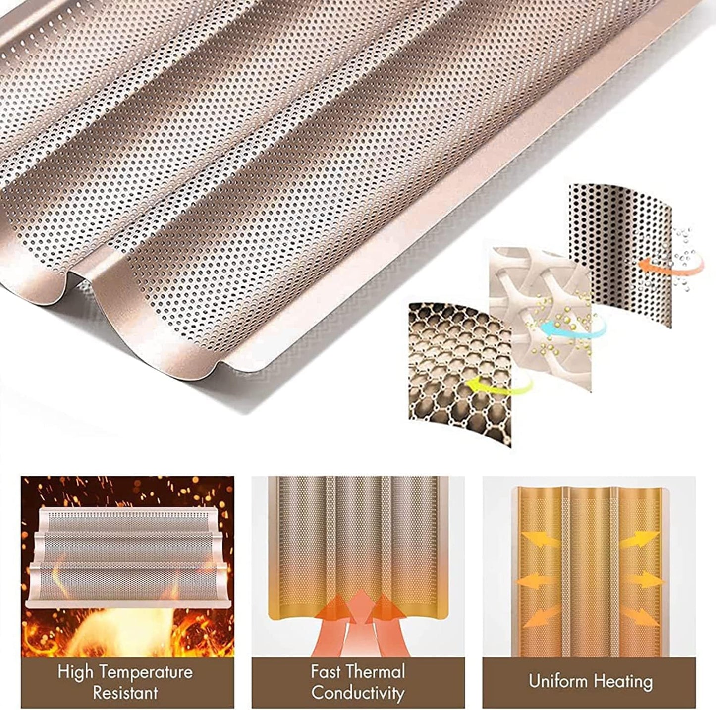 Baguette Pans for Baking 15" x 11", Carbon Steel 3 Loaf Nonstick Baguette Baking Tray for French & Italian Perforated French Bread Pan