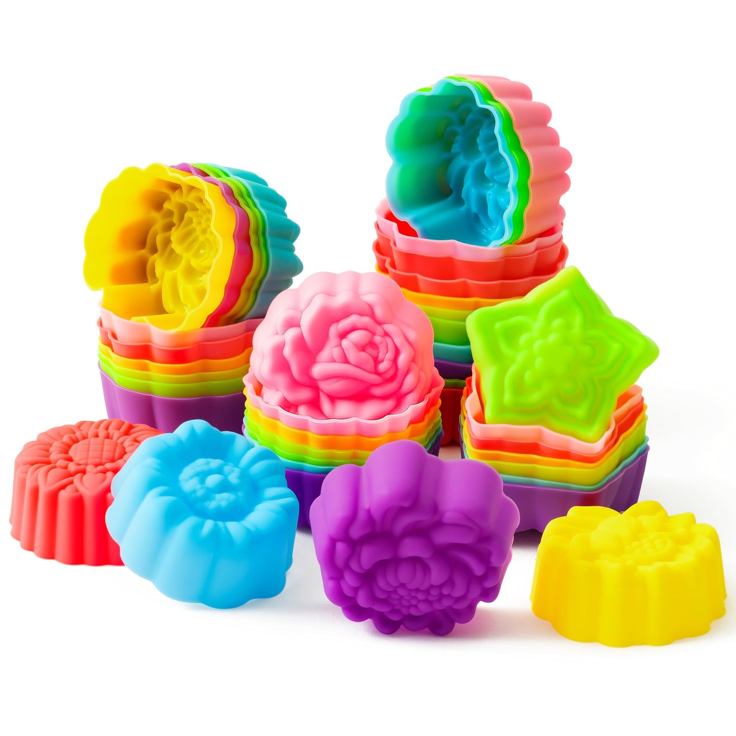 R HORSE 42Pcs Mini Size Silicone Molds, 2 x 0.8 inch Cupcake Multi Flower Shapes Baking Cups Non-Stick Donut Wrapper Mold Muffin Liners Washable for Pan Oven Microwave Dishwasher