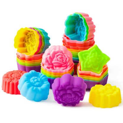 R HORSE 42Pcs Mini Size Silicone Molds, 2 x 0.8 inch Cupcake Multi Flower Shapes Baking Cups Non-Stick Donut Wrapper Mold Muffin Liners Washable for Pan Oven Microwave Dishwasher