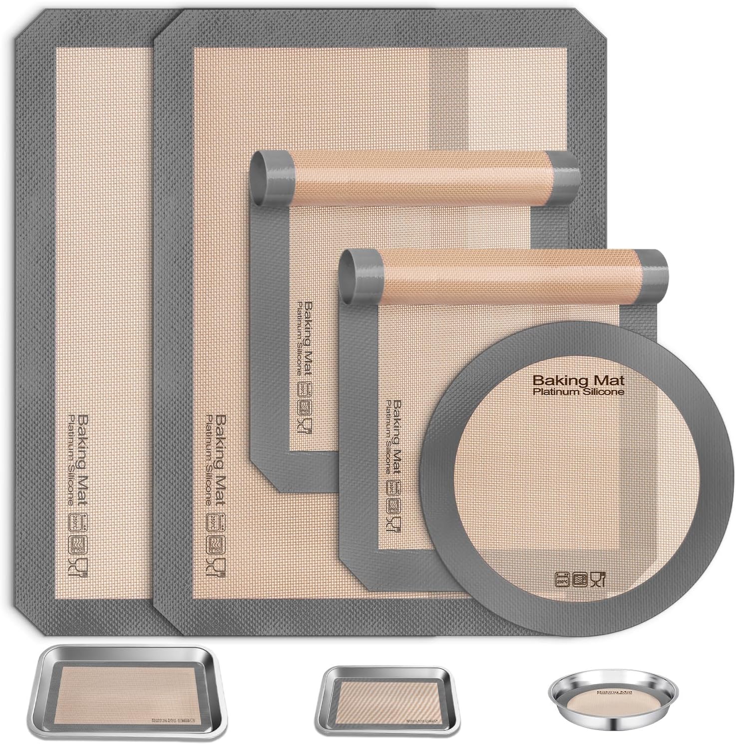 Sopito 5PCS Non Stick Platinum Silicone Baking Mat for Half Sheet & Quarter Baking Sheet and 9'' Pizza Pan, Reusable & Food Safe Heat Proof Up to 480℉ Cooking Mat, Grey