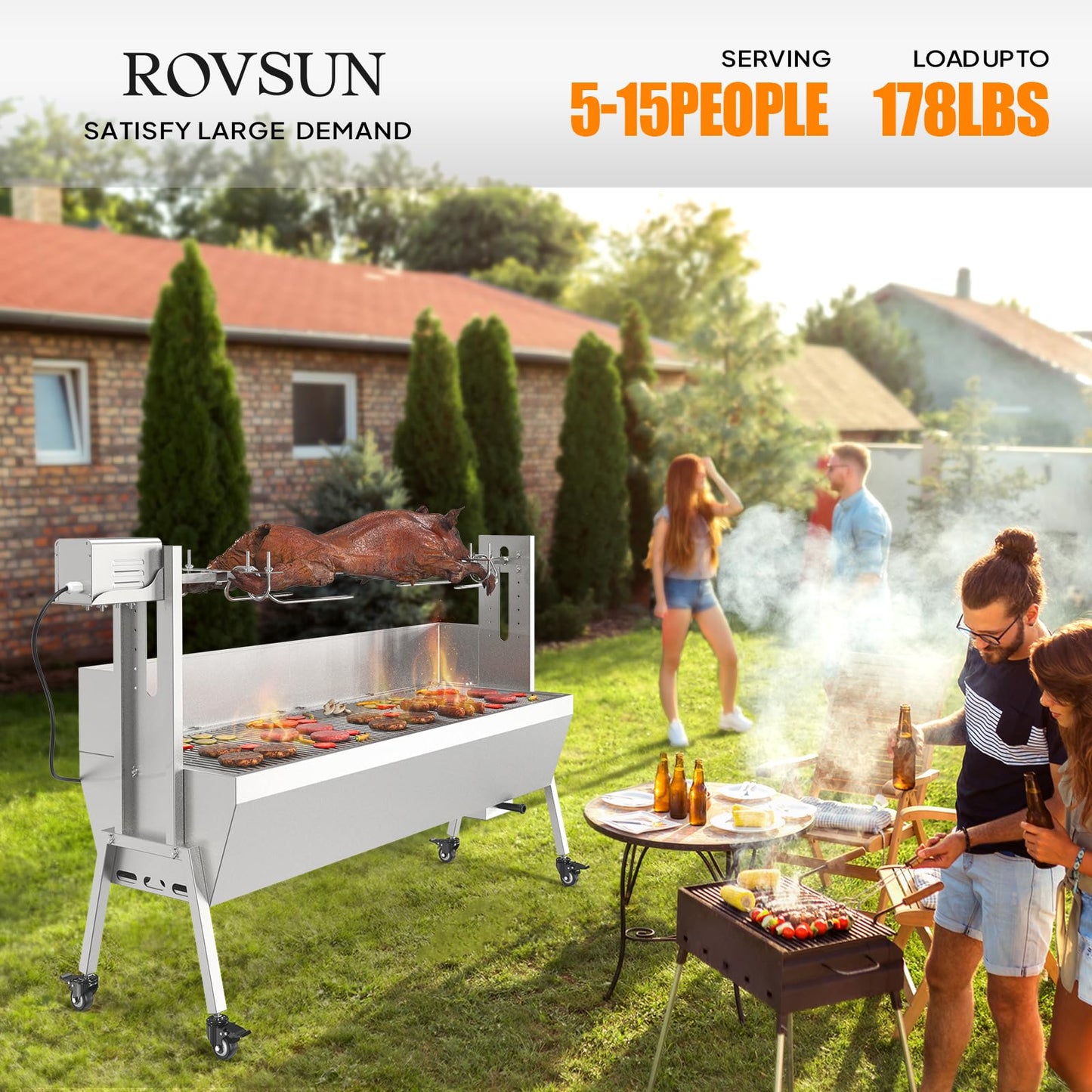 ROVSUN Rotisserie Grill Kit 176 Lbs Capacity, Electric Rotisserie Grill Pig Lamb Spit Roaster Stand w/Lockable Wheels Wind Baffle Adjustable Height, BBQ Spit Rod for Outdoor Party Camping (46")