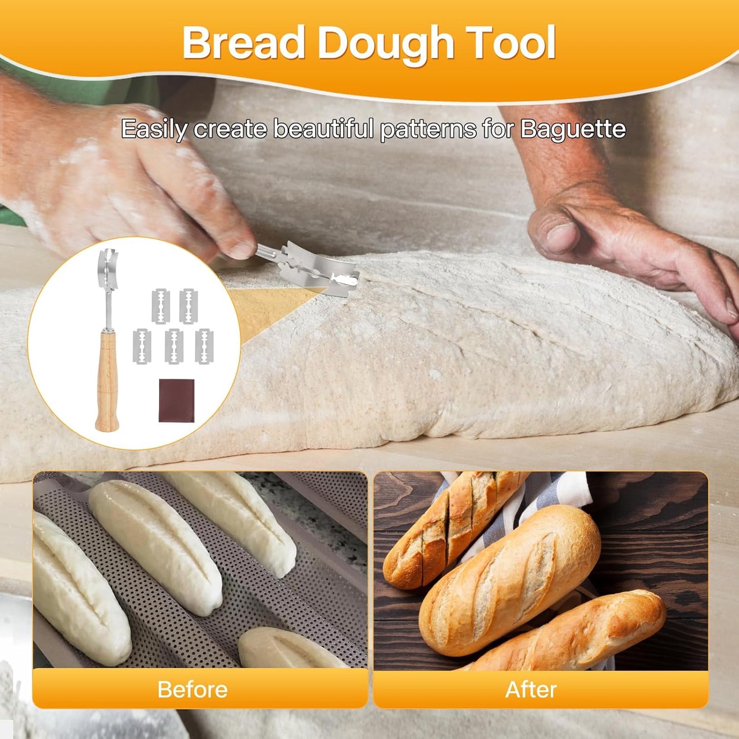 Baguette Bread Pan, Perforated French Bread Baking Pan, Nonstick 3 Loaf Bread Pans for Baking, with Baguette Kit – Includes Proofing Cloth & Dough Cutter, 15x11 Inch Gold