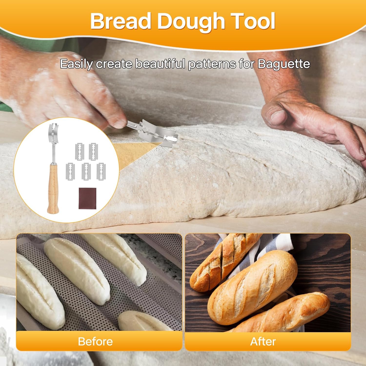 Baguette Bread Pan, Perforated French Bread Baking Pan, Nonstick 3 Loaf Bread Pans for Baking, with Baguette Kit – Includes Proofing Cloth & Dough Cutter, 15x11 Inch Gold