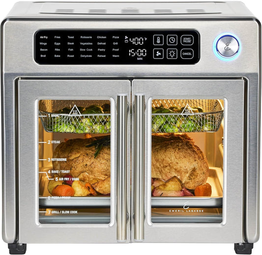 Emeril Lagasse Extra Large French Door Air Fryer Toaster Oven Combo, 25 Cooking Functions and Digital Controls, 7 Accessories Included, Stainless Steel Finish, 26QT Capacity