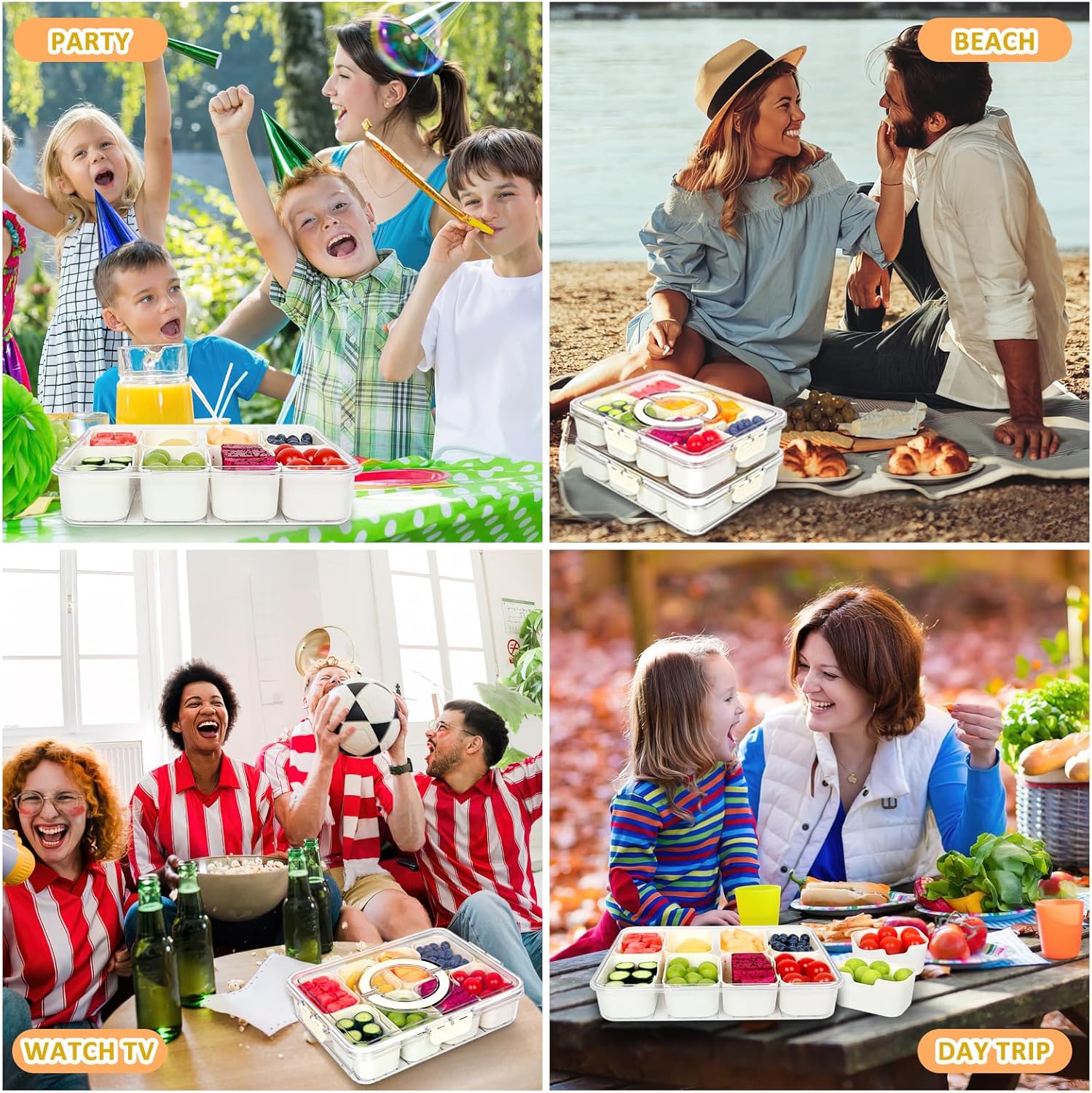 Divided Serving Tray with Lid and Handle - 8 Compartment Snackle Box Charcuterie Container，Portable Snack Box for Travel,Party,Picnic,Beach - Clear Food Organizer for Candy, Fruits, veggie, Snack