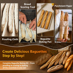 Baguette Pans 15" x 11", 3 Loaf Nonstick Baguette Baking Tray for French & Italian Bread with Proofing Cloth, Scoring Tool & 50pcs Parchment Paper, Home Bread Baking Supplies Kit