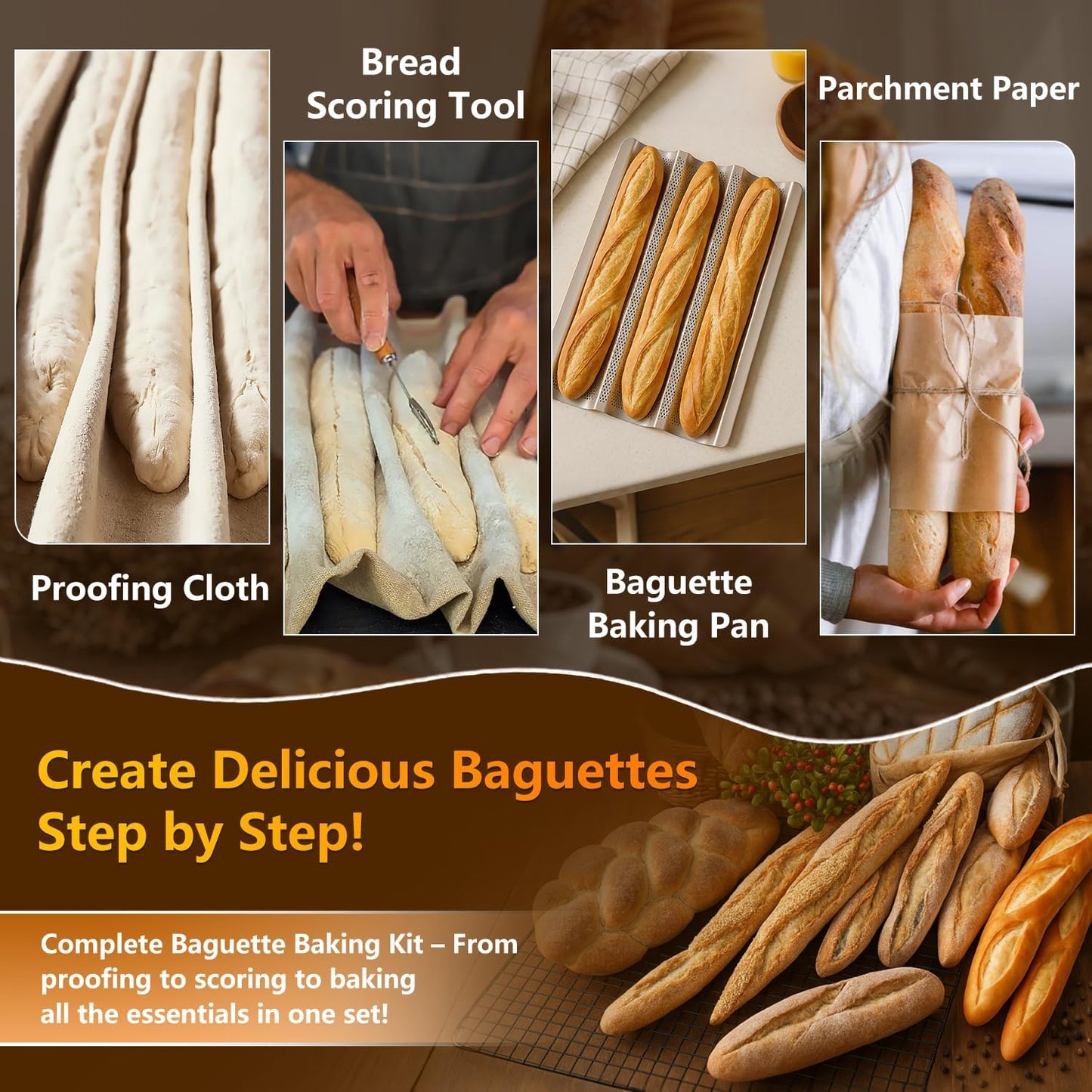 Baguette Pans 15" x 11", 3 Loaf Nonstick Baguette Baking Tray for French & Italian Bread with Proofing Cloth, Scoring Tool & 50pcs Parchment Paper, Home Bread Baking Supplies Kit