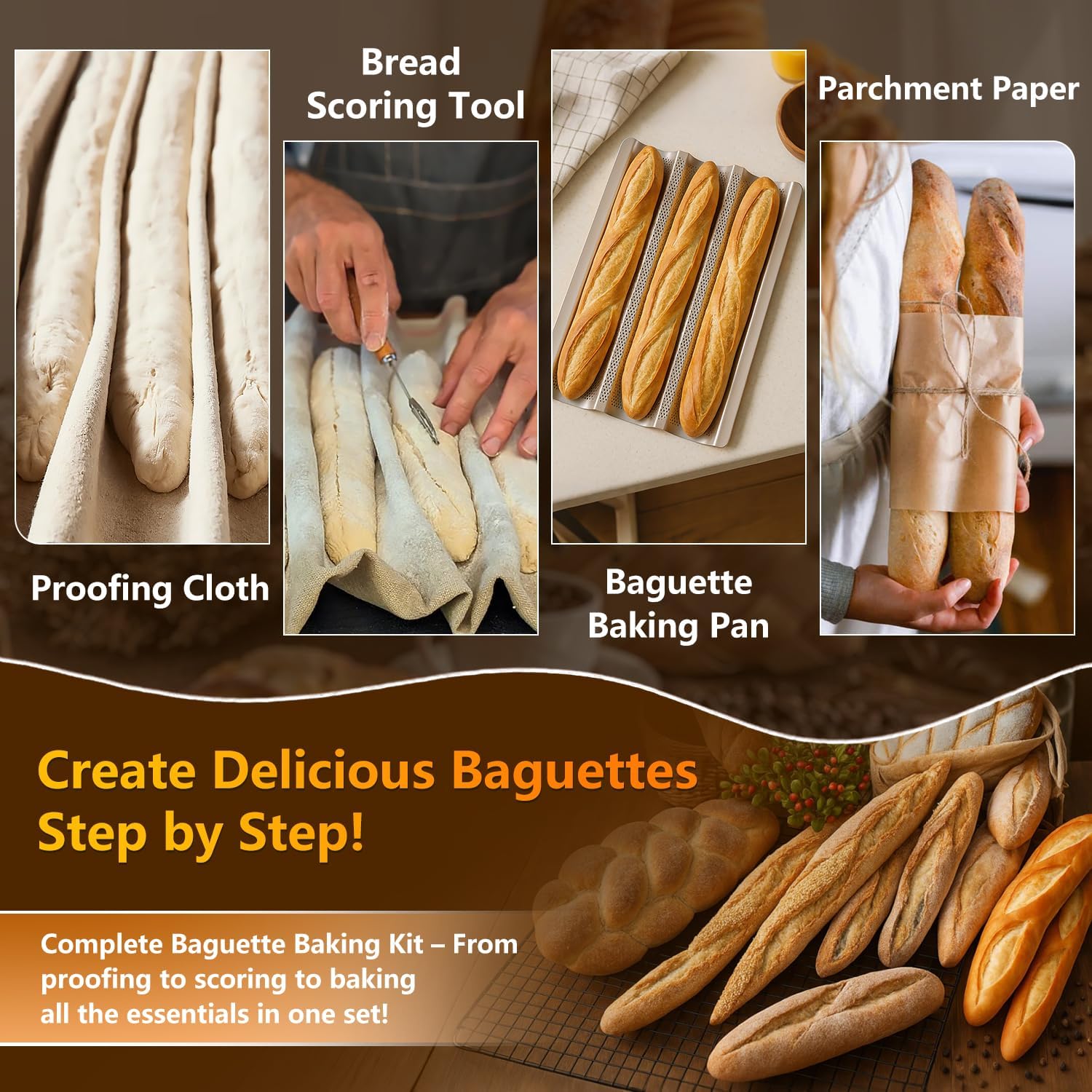 Baguette Pans 15" x 11", 3 Loaf Nonstick Baguette Baking Tray for French & Italian Bread with Proofing Cloth, Scoring Tool & 50pcs Parchment Paper, Home Bread Baking Supplies Kit