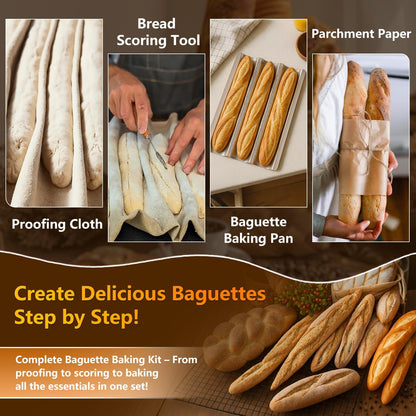 Baguette Pans 15" x 11", 3 Loaf Nonstick Baguette Baking Tray for French & Italian Bread with Proofing Cloth, Scoring Tool & 50pcs Parchment Paper, Home Bread Baking Supplies Kit