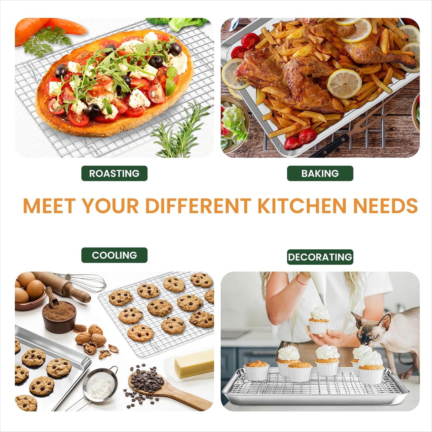 Baking Sheet Cookie Pans Set with Cooling Rack Cookie Sheets for Baking Stainless Steel Pan for Baking Bakeware Sets 3PCS Cooling Racks for Cooking and Baking for Bacon Pizza Pan 9/12/16 Inch