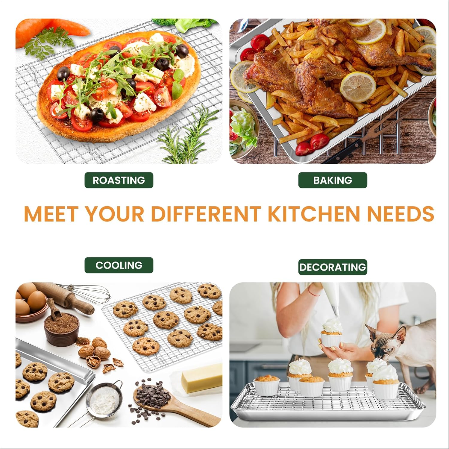 Baking Sheet Cookie Pans Set with Cooling Rack Cookie Sheets for Baking Stainless Steel Pan for Baking Bakeware Sets 3PCS Cooling Racks for Cooking and Baking for Bacon Pizza Pan 9/12/16 Inch