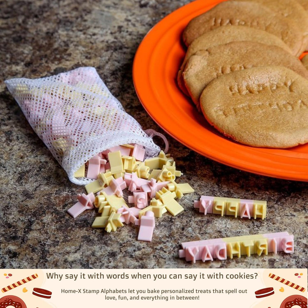 Home-X Cookie Stamps - Alphabet, Numbers & Symbols, DIY Fondant Embosser for Cookie & Cake Decorating - 96 Pieces Fondant Letter Stamps for Clay with Storage Bag - Pink & Yellow