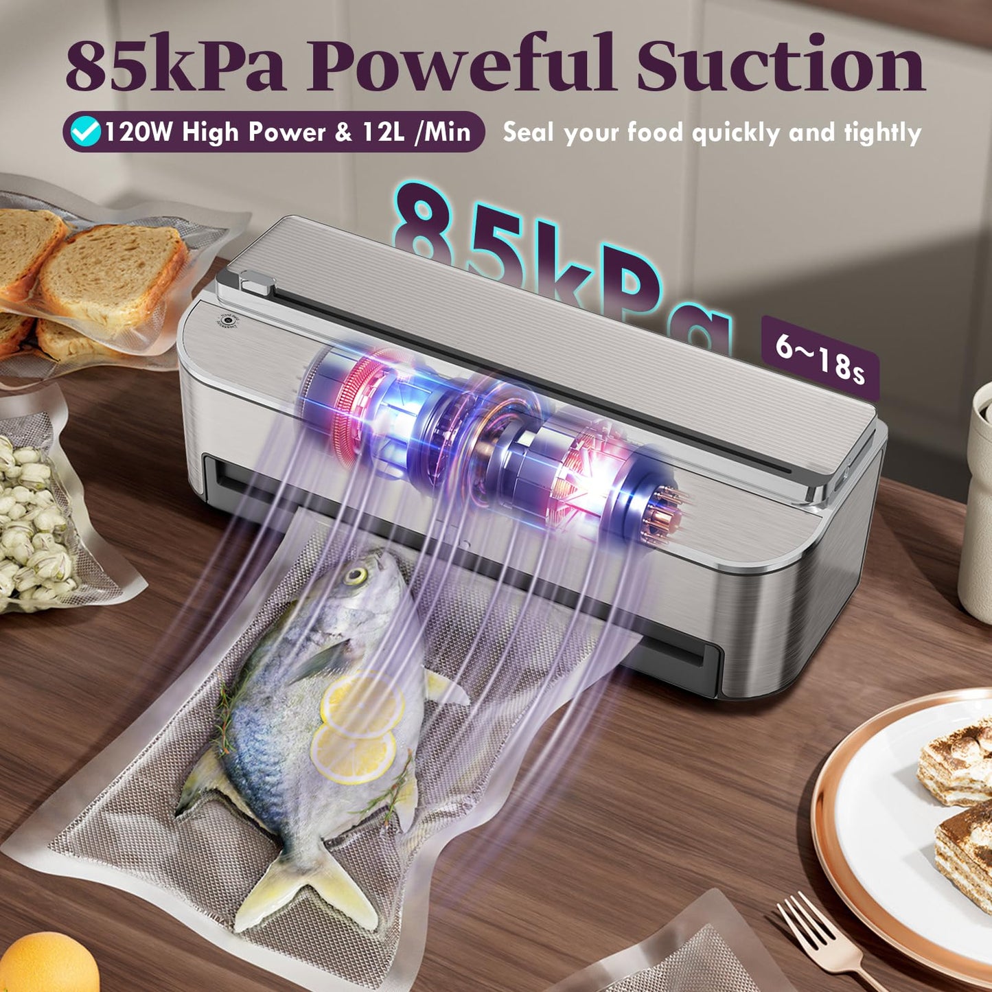 Mesliese Vacuum Sealer Machine, 85kPa 120W Automatic Food Sealer, Powerful Sealing System, Build-in Cutter | Bags Storage | Moist Mode and Air Suction Hose | 2 Bag Rolls and 5pcs Pre-cut Bags