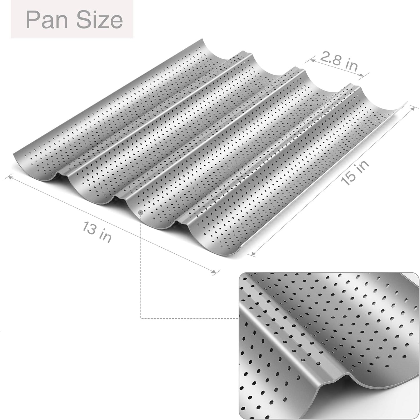 2 Pack Nonstick Perforated Baguette Pan 15" x 13" for French Bread Baking 4 Wave Loaves Loaf Bake Mold Oven Toaster Pan (Silver)