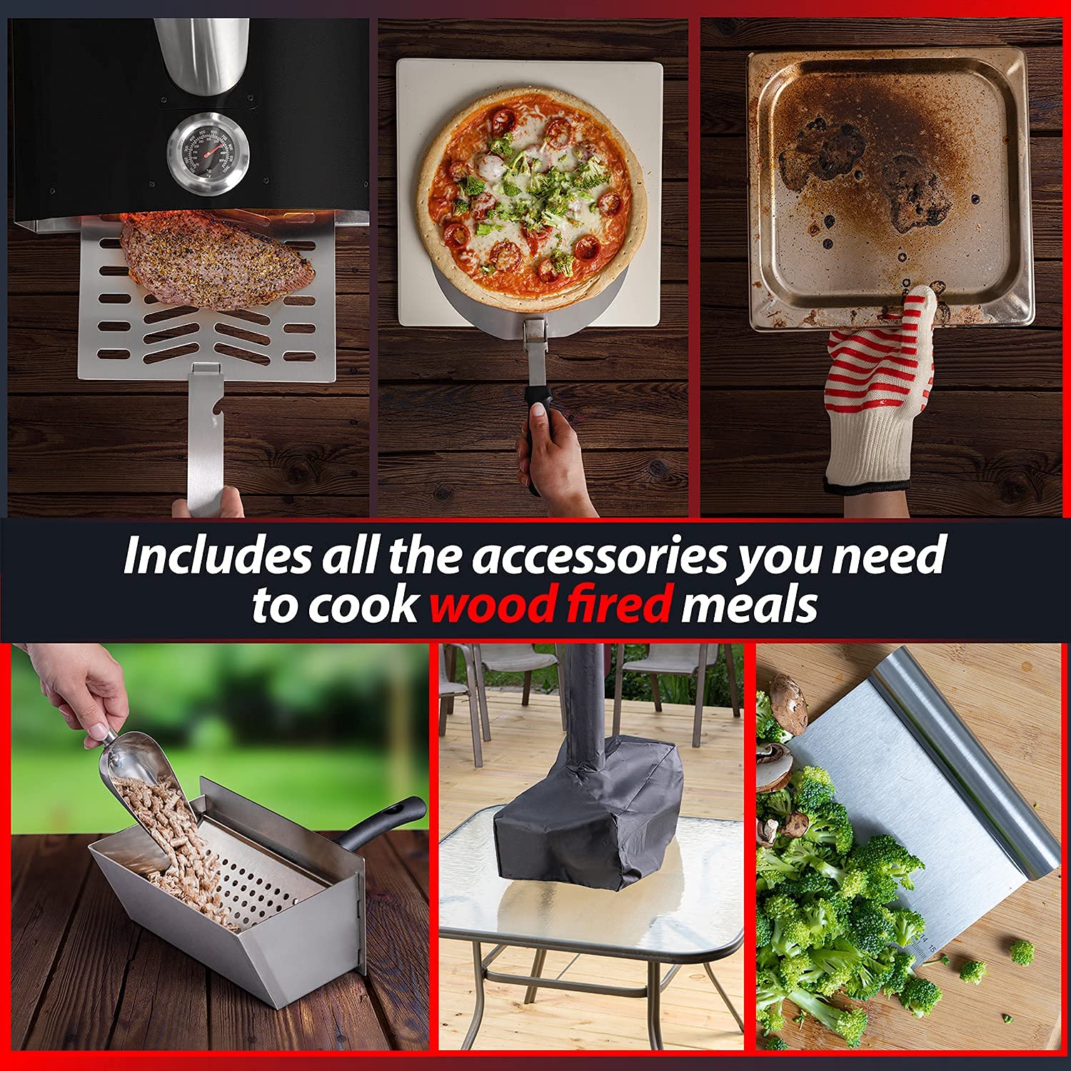 Piec do pizzy Deco Chef Outdoor Pizza Oven z funkcją 2 w 1 do pizzy i grilla, 13-calowy kamień do pizzy, przenośna 3-warstwowa konstrukcja ze stali nierdzewnej, łopatka do pizzy, skrobak do ciasta, łopatka, grill szczelinowy (czarny)