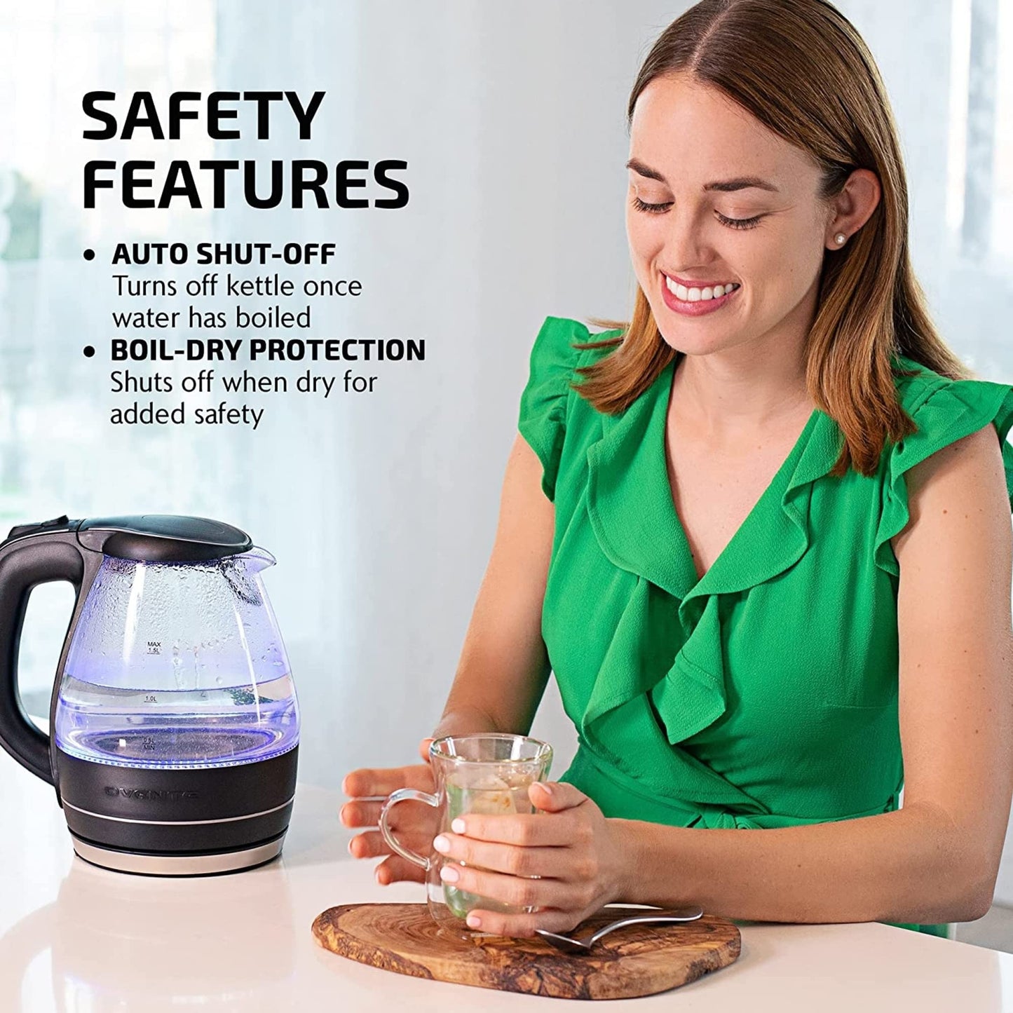 OVENTE Glass Electric Kettle Water Boiler 1.5 Liter Borosilicate Glass Fast Boiling Countertop Heater - BPA Free Auto Shut Off Instant Water Heater Kettle for Coffee & Tea Maker - Black KG83B