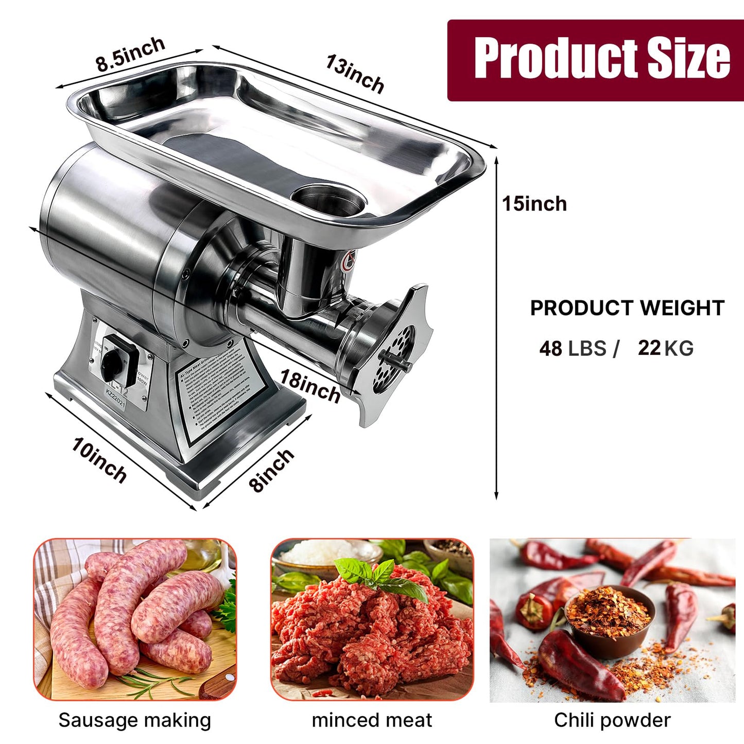 Commercial Meat Grinder,550Lb/H 1100W Heavy Duty Stainless Steel Electric Food Grinder Meat Mincer,Industrial Sausage Stuffer Maker with 2 Blades, Grinding Plates,Sausage Stuffing Tubes