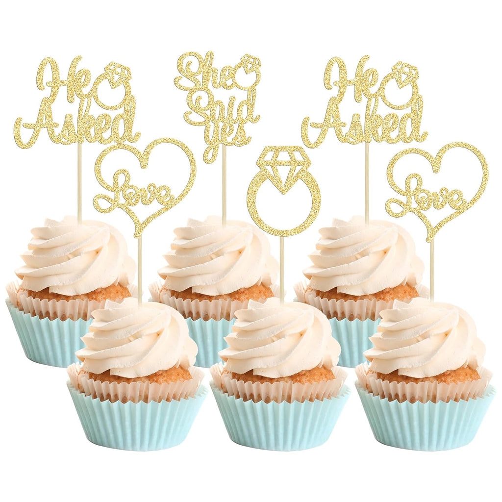 Gyufise He Asked She Said Yes Cupcake Toppers Gold Glitter Diamond Ring Heart Love Cake Picks for Wedding Engagement Party Cake Decorations 24 Pack