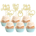 Gyufise He Asked She Said Yes Cupcake Toppers Gold Glitter Diamond Ring Heart Love Cake Picks for Wedding Engagement Party Cake Decorations 24 Pack