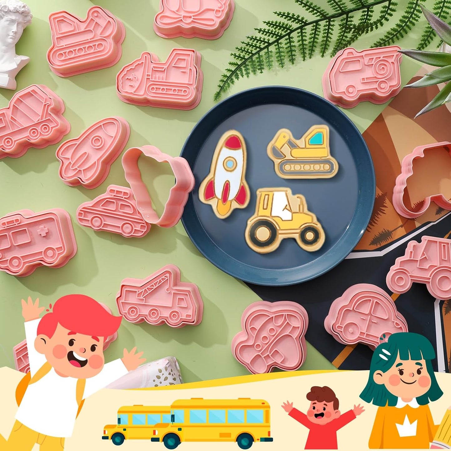 16 PCS Transportation Vehicle Cookie Cutters with Plunger Stamper, Car Cookie Mould Set, Transportation Theme Set Embossing Dies, Construction Vehicles Cookie Cutters Set for Fondant Cookies