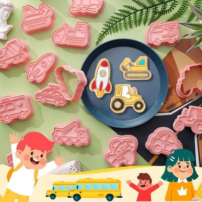 16 PCS Transportation Vehicle Cookie Cutters with Plunger Stamper, Car Cookie Mould Set, Transportation Theme Set Embossing Dies, Construction Vehicles Cookie Cutters Set for Fondant Cookies