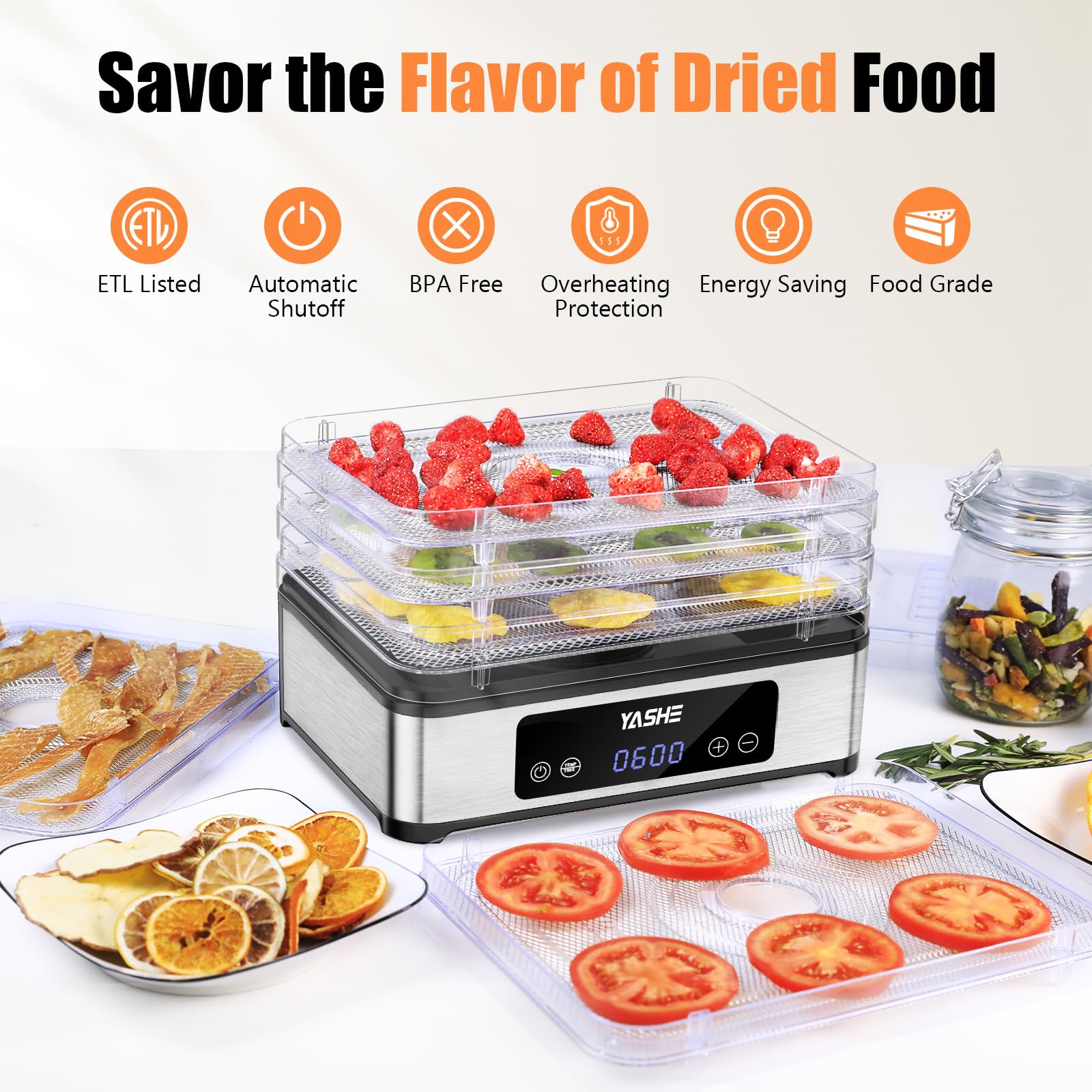 YASHE Food Dehydrator Machine, 5 Stainless Steel Trays Food Dryer, 48H Timer and Temperature Control, Recipes Book Included, 420W Dehydrators for Food and Jerky, Herbs, Meat, Fruit, Dog Treats