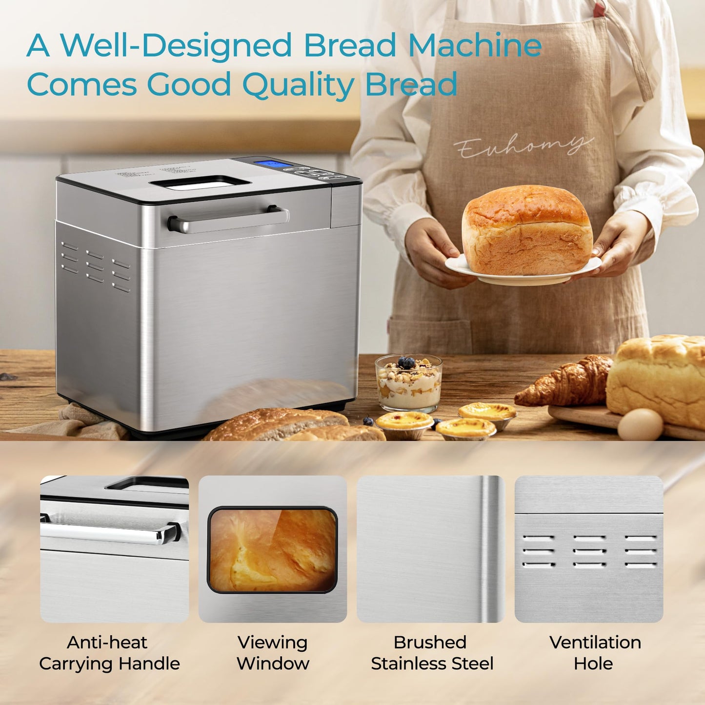 EUHOMY Bread Maker Machine 13 Program 2LB Bread Maker, Bread Machine with 3 Loaf Sizes and 3 Crust Colors, Breadmaker with Fruit & Nut Dispenser,Ideal for Family Gifts, Dough Maker