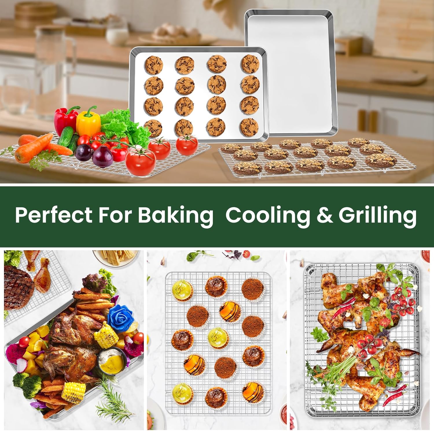 Baking Sheet Cookie Pans Set with Cooling Rack Cookie Sheets for Baking Stainless Steel Pan for Baking Bakeware Sets 3PCS Cooling Racks for Cooking and Baking for Bacon Pizza Pan 9/12/16 Inch