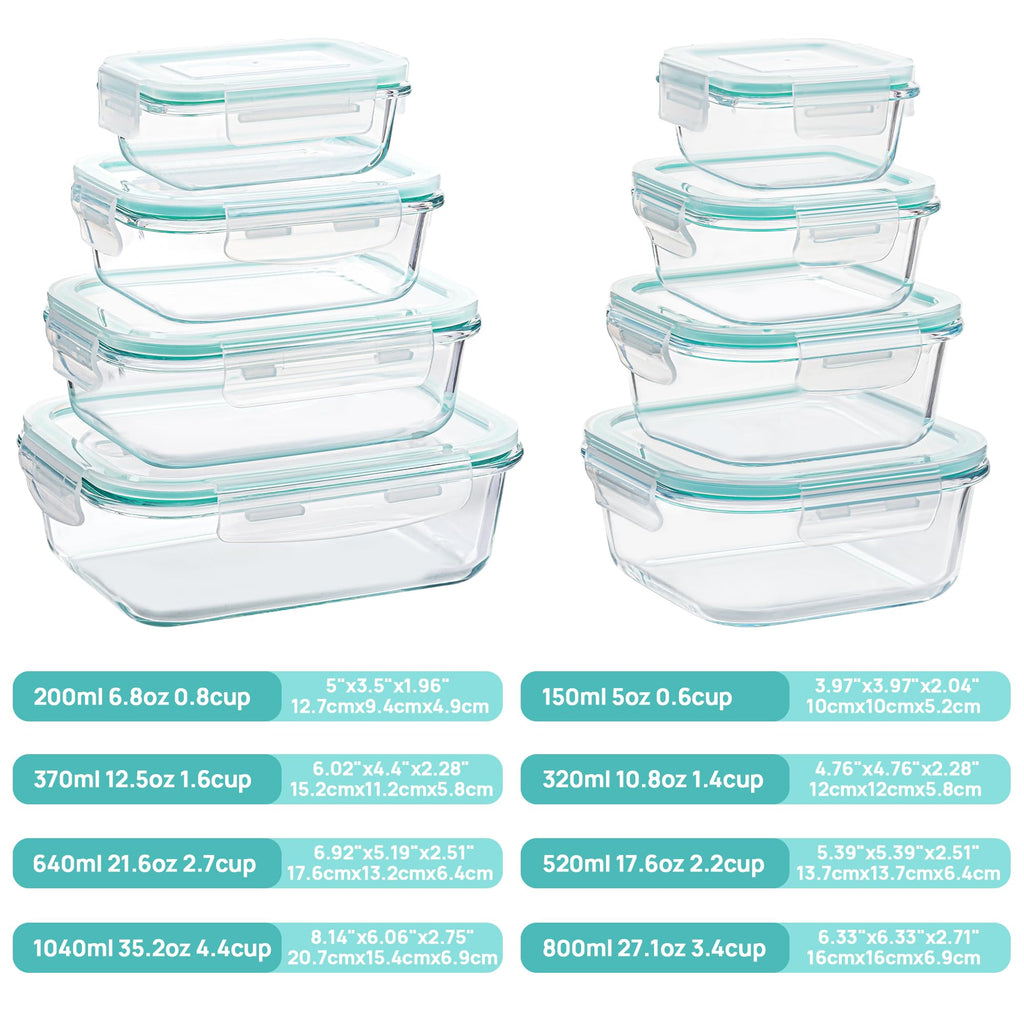 Vtopmart 8 Pack Szklane pojemniki do przechowywania żywności z hermetycznymi pokrywkami, Szklane pojemniki do przygotowywania posiłków, Bento Boxy na lunch, do kuchenki mikrofalowej, piekarnika, zamrażarki i zmywarki, bez BPA