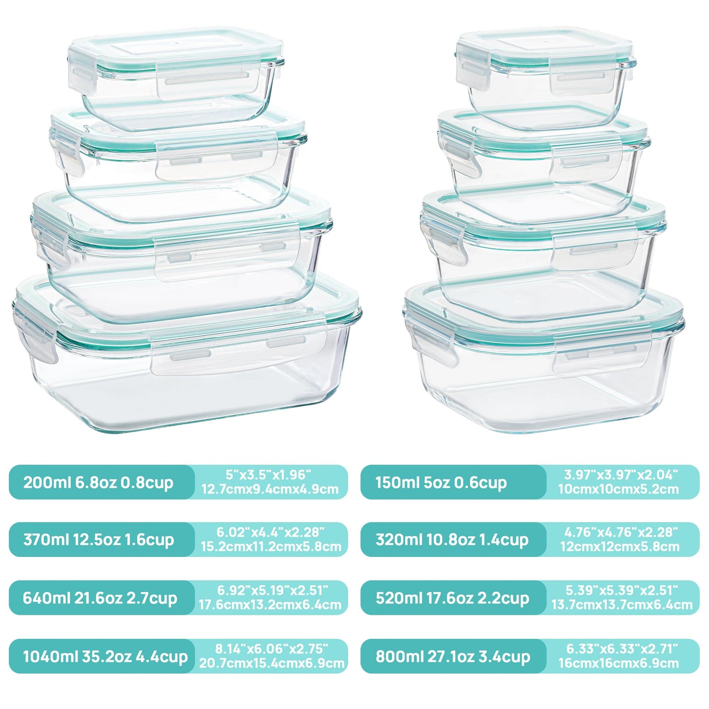 Vtopmart 8 Pack Glass Food Storage Containers with Airtight Lids, Glass Meal Prep Containers, Bento Boxes for Lunch, for Microwave, Oven, Freezer and Dishwasher, BPA Free