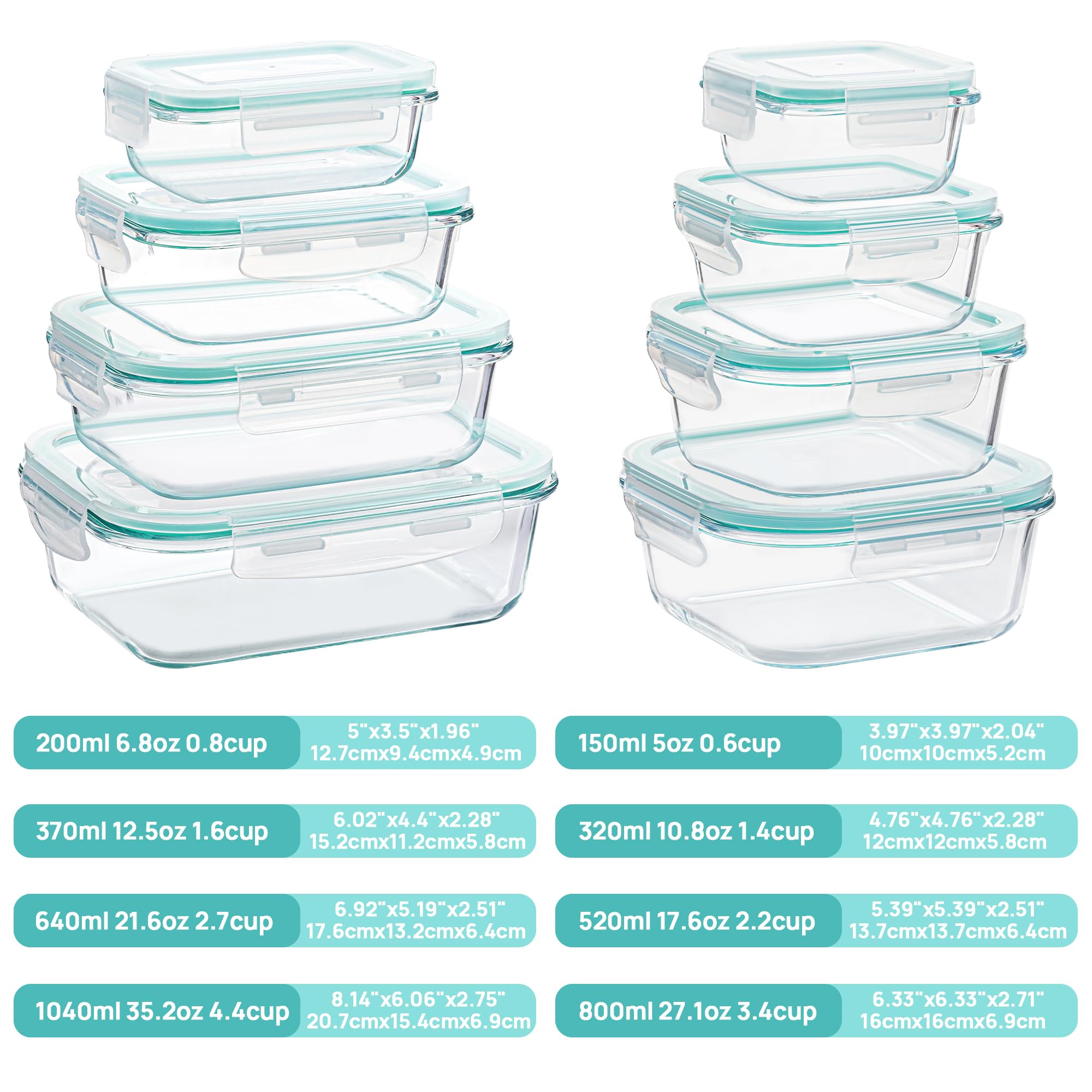 Vtopmart 8 Pack Szklane pojemniki do przechowywania żywności z hermetycznymi pokrywkami, Szklane pojemniki do przygotowywania posiłków, Bento Boxy na lunch, do kuchenki mikrofalowej, piekarnika, zamrażarki i zmywarki, bez BPA