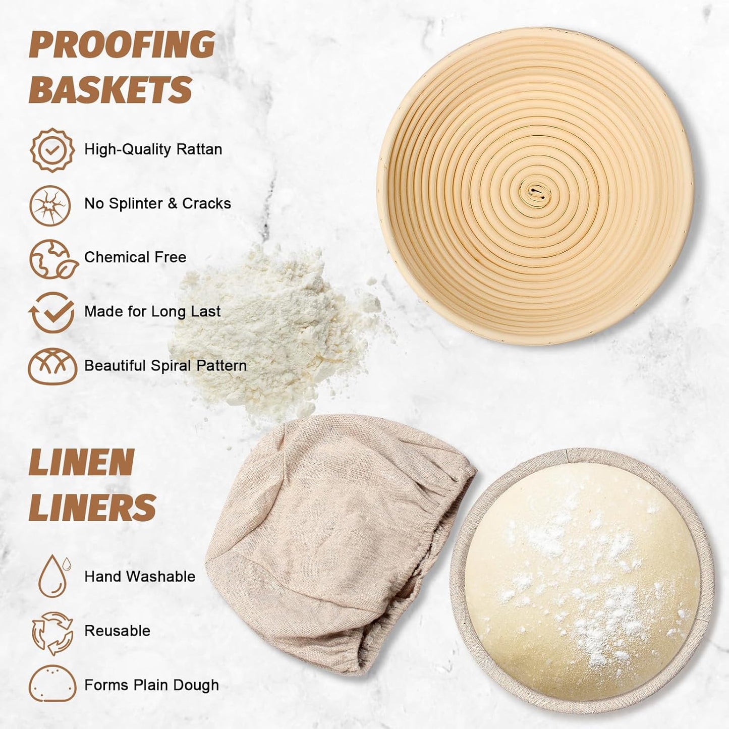 Sourdough Proofing Basket Gift Set of 2 Round Dough Proofing Bowls for Sour Dough Bread Baking Supplies, Proofing Basket or Home Sourdough Bakers Baking, 8.5 inch