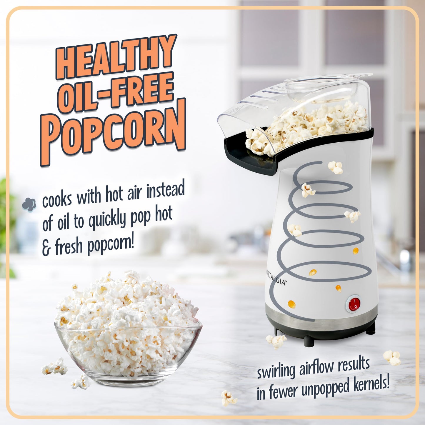 Nostalgia 16 Cup Hot Air Popcorn Maker | Makes Hot, Healthy Popcorn, No Oil Needed | Measuring Cap for Kernels Included | Stainless Steel |White