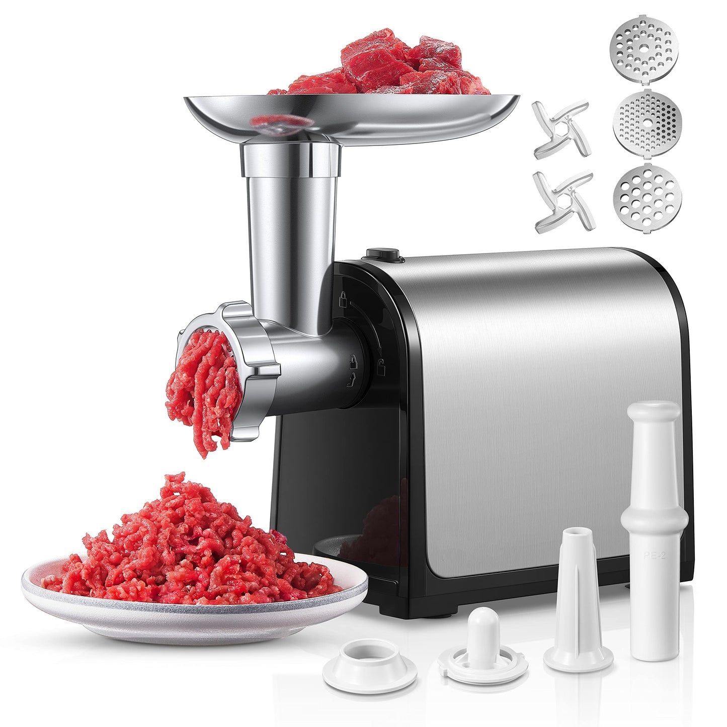 Electric Meat Grinder, 2600W Max Meat Grinders for Home Use, HOUSNAT 3 in 1 Heavy Duty Meat Mincer with 2 Blades and 3 Plates, Sausage Stuffer Tube & Kubbe Kit, Stainless Steel