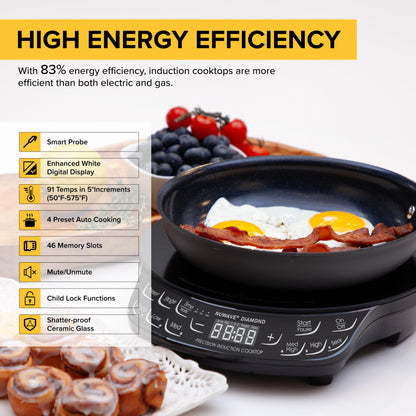 Nuwave Diamond Induction Cooktop, New & Improved Electric Burner with Probe, 91 Temps 50°F to 500°F, 6.5” Heating Coil, Shatter-Proof Ceramic Glass, 3 Wattage Settings, Ideal for Dorms, RVs & Apts