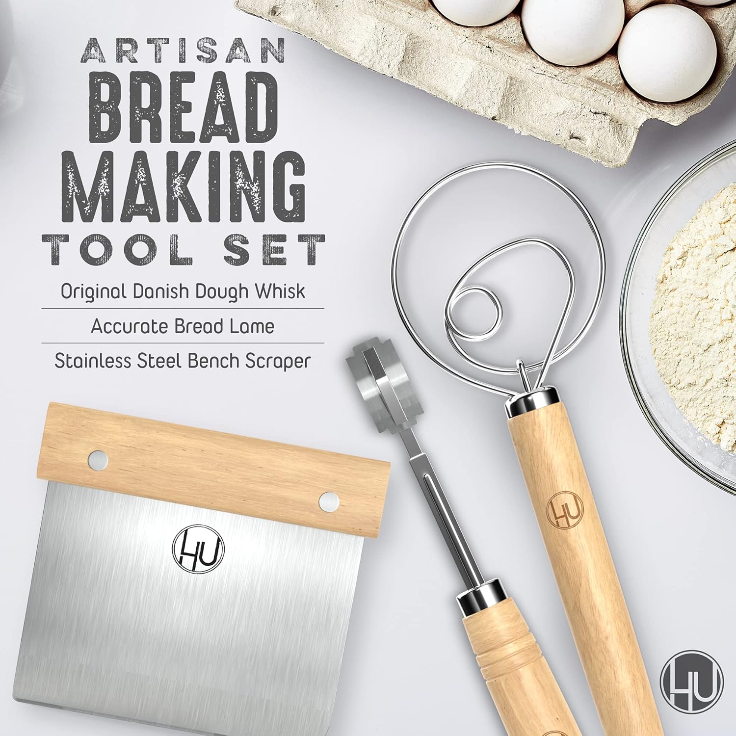 LHU Bread Making Tools and Supplies - Set of 3 - Danish Dough Whisk, Bread Lame, Bench Scraper - Dough Hook with Bread Scraper, Lame Bread Tool, Blades - Great for Baking Sourdough, Pizza, Pastry