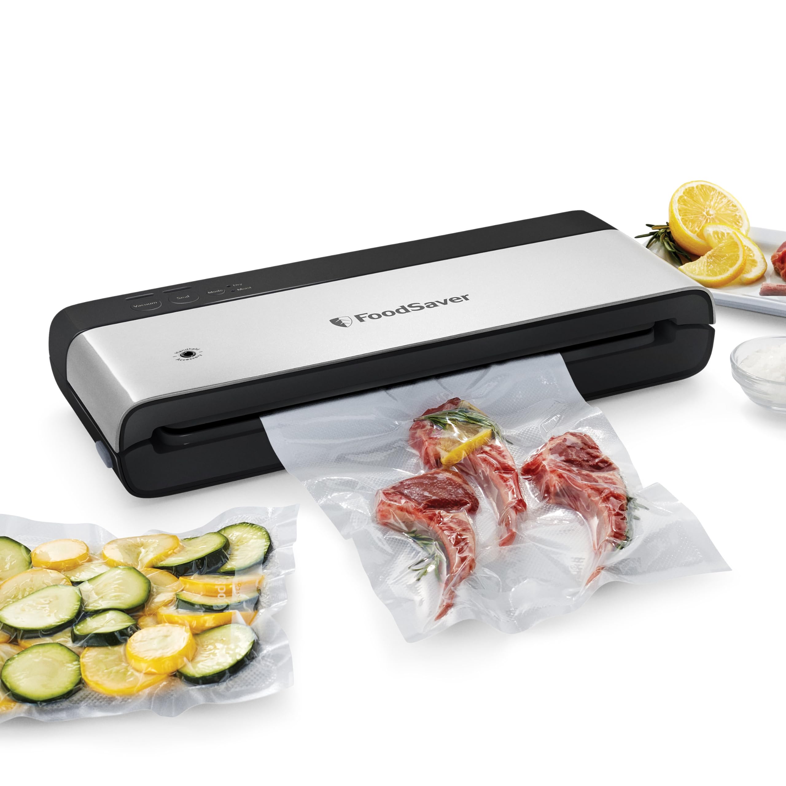 FoodSaver PowerVac Kompaktowa maszyna do pakowania próżniowego, stal nierdzewna i kolor czarny, przechowywanie pionowe, VS0150 | Zachowuje świeżość, zmniejsza ilość odpadów w torebkach, do żywności suchej i mokrej