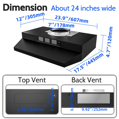 FIREGAS Black Range Hood 24 inch, 300CFM Ducted/Ductless Convertible Under Cabinet Kitchen Hood in Black Painted Stainless Steel with 2 watt LED Light and Filter, 2 fan speeds