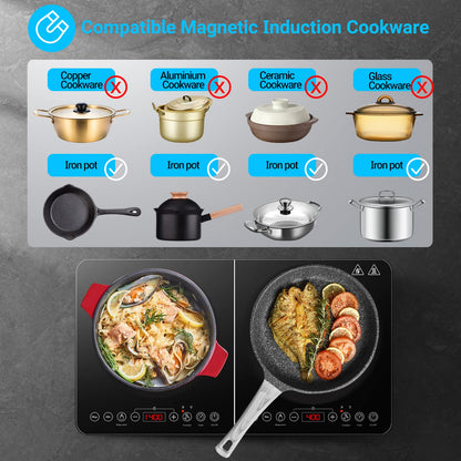 Aobosi Double Induction Cooktop,Portable Induction Cooker with 2 Burner Independent Control,Ultrathin Body,10 Temperature,1800W-Multiple Power Levels,4 Hour Timer,Safety Lock