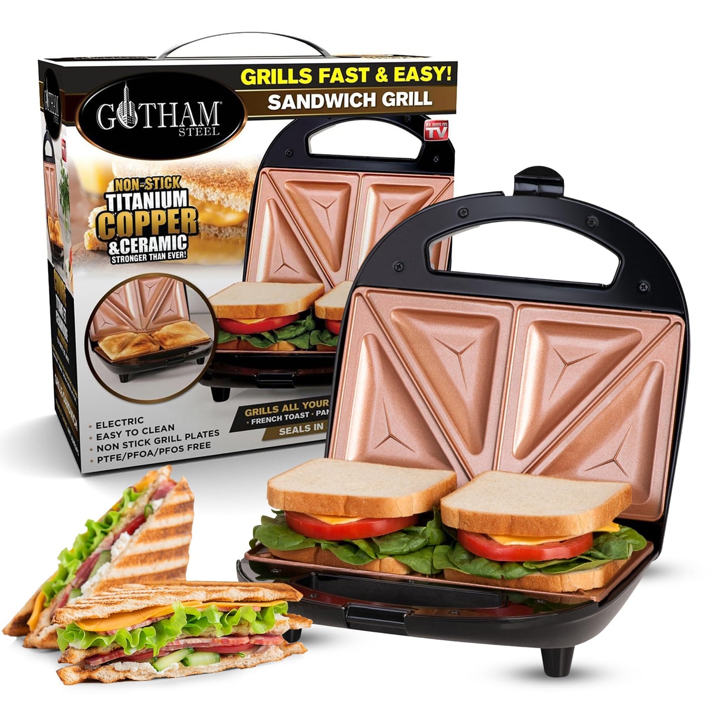 Gotham Steel Nonstick Panini Press Sandwich Maker, 2in1 Breakfast Sandwich Maker Grill / Sandwich Press Grill with Indicator Light, Grilled Cheese Maker Makes 2 Sandwiches with Easy Cut Edges