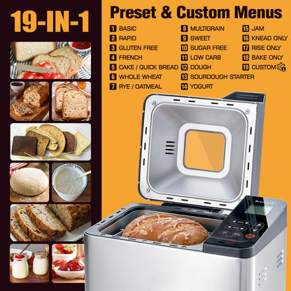 Briskind Bread Maker Machine with Ceramic Nonstick Pan, 19 Menus, 2 Pound Stainless Steel Breadmaker with Glass Touch Panel, Gluten Free, Sourdough Starter, Custom Setting, 3 Loaf Sizes & Crust Colors