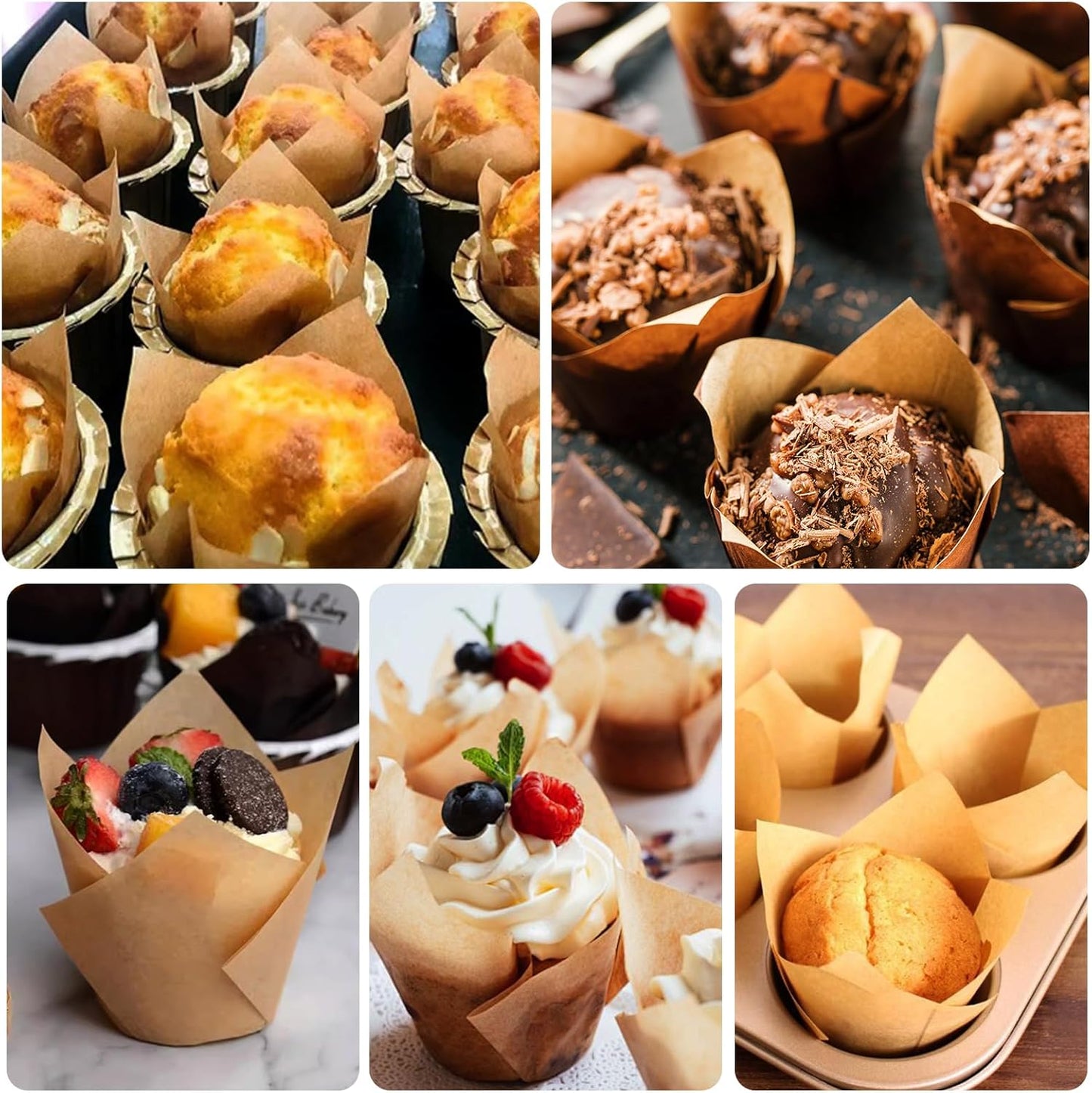 120 Counts Natural Tulip Cupcake Liners for Baking Cups, Food Grade Parchment Paper Muffin Liners Holders, Standard Tulip Cupcake Liners, Greaseproof Cup Cake Wrappers for Party, Christmas