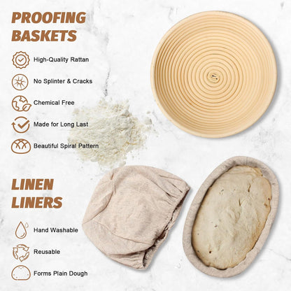 Sourdough Proofing Basket Gift Set, 9" Round and 10" Oval Banneton Bread Baking Supplies, Sourdough Baskets with Bread Lame, Danish Whish, Bowl Scraper, Sourdough Scraper, and Linen Liners
