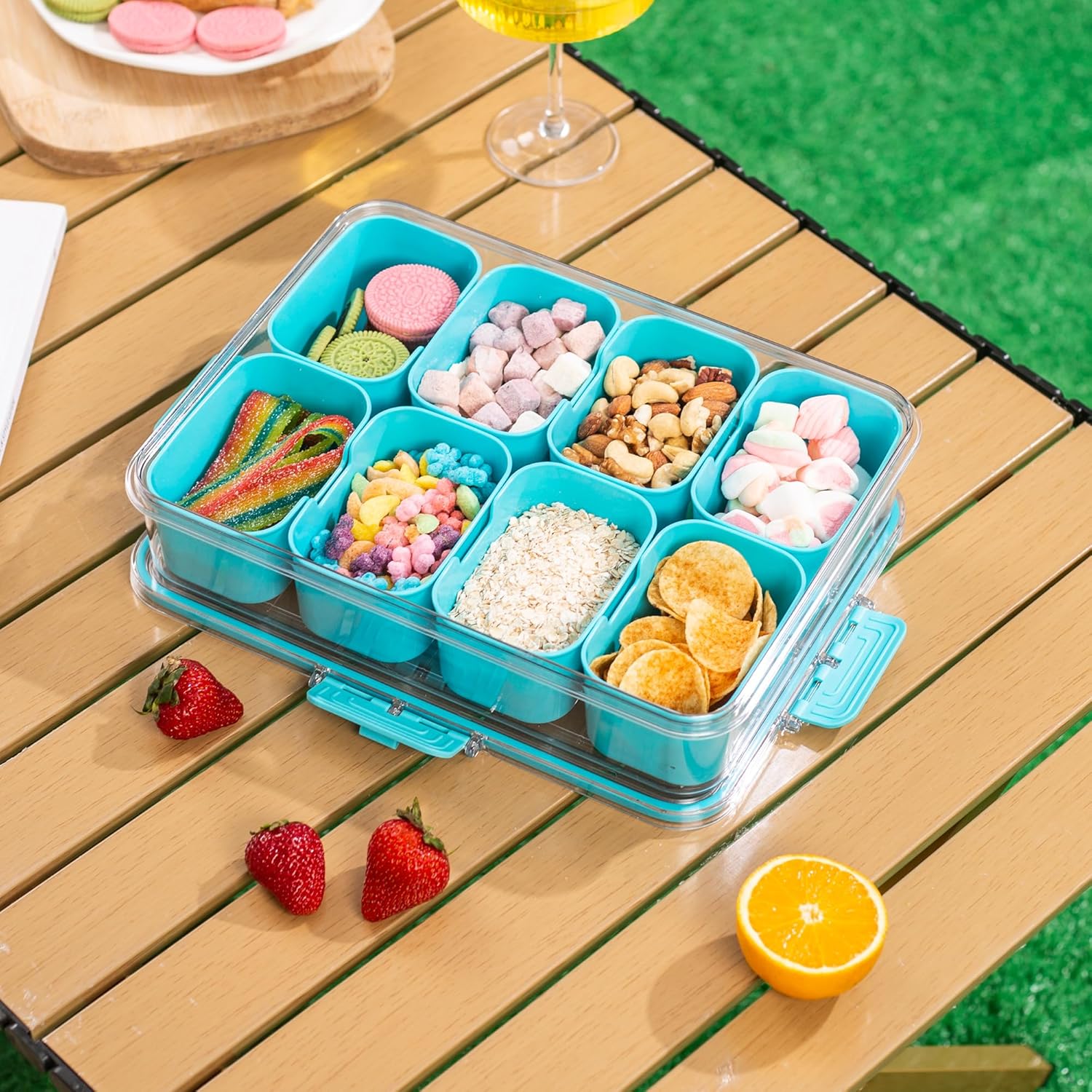 Divided Snack Serving Tray with Lid and Handle Travel Snackle Charcuterie Container Portable Storage Organizer for Candy, Fruits, Nuts, Snacks, Party, Picnic (1pack, Lake blue)
