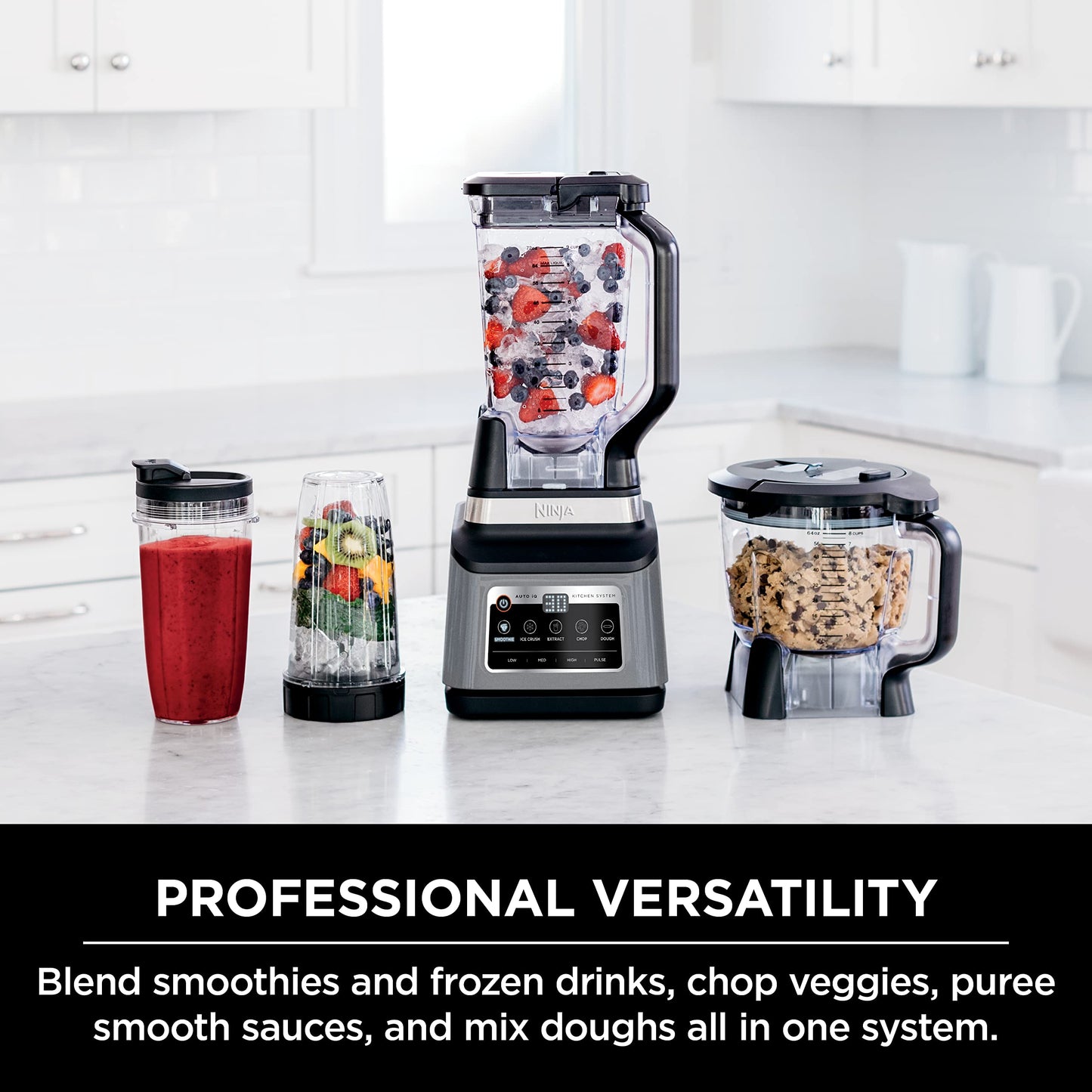 Ninja BN801 Professional Plus Kitchen System, 1400 WP, 5 Functions for Smoothies, Chopping, Dough & More with Auto IQ, 72-oz.* Blender Pitcher, 64-oz. Processor Bowl, (2) 24-oz. To-Go Cups, Grey