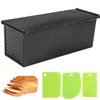 Pullman Loaf Pan with Lid, 1Pound Dough Capacity Rectangular Bread Pan, Non-Stick Long Bread Pans for Homemade Bread, 9x4inch Pullman Loaf Pan with Dough Scraper Cutter for Sandwich Bread