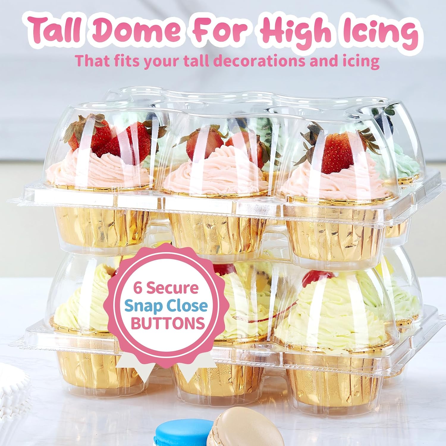 (6 Count x 40 Sets) Stackable Cupcake Containers with 240 Pack Liners, Plastic Cupcakes Boxes Holders for 6 cakes, High Tall Dome Lid Cupcakes Carrier, Clear Cupcake Trays/Containers/Holders