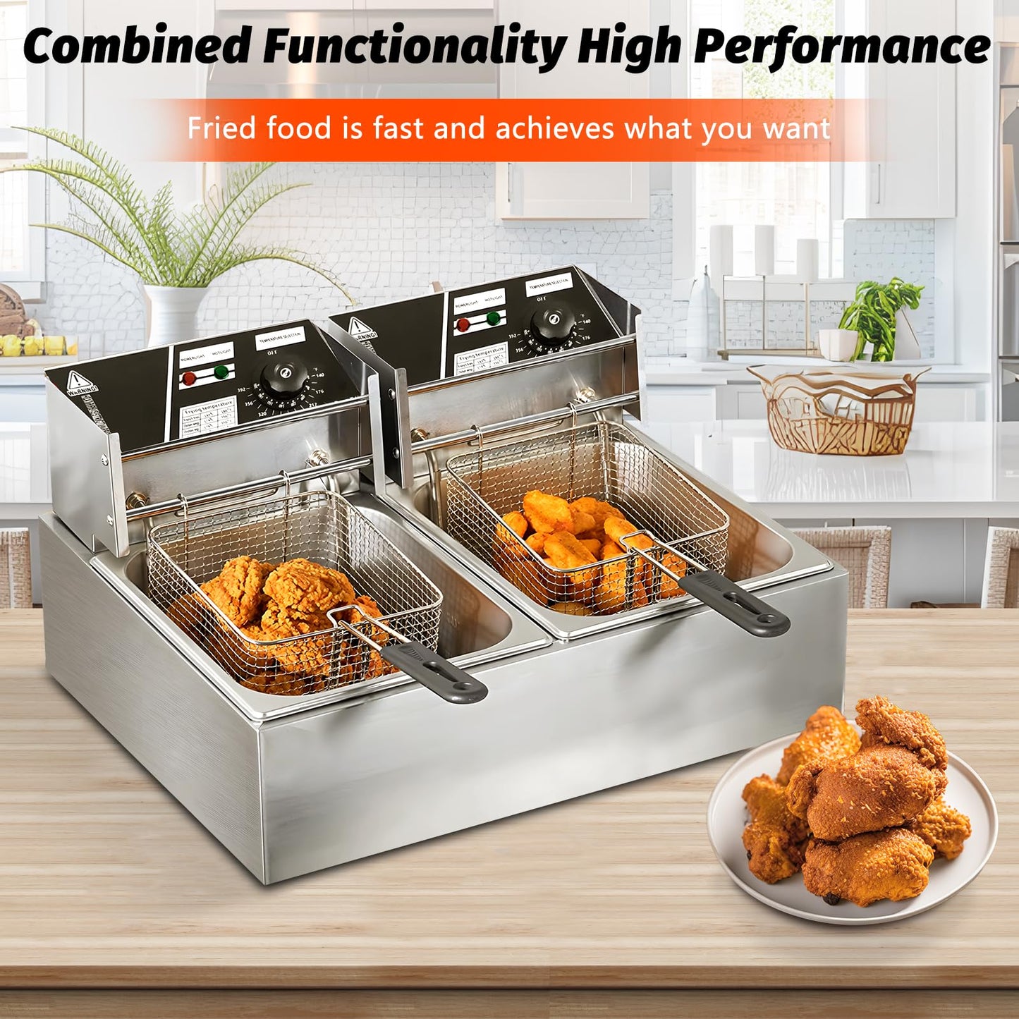 Jwevvie Commercial Deep Fryer - 22.8 QT Electric Deep Fryers with Baskets 0.8mm Thickened Stainless Steel Countertop Oil Fryer Large Capacity with Temperature Limiter (Double Tank)