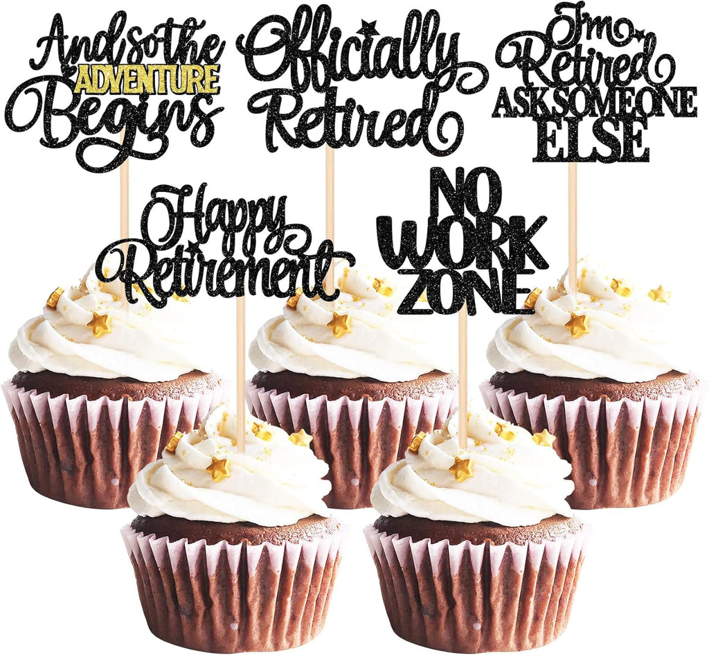 30 PCS Happy Retirement Cupcake Toppers Officially Retired No Work Zone Adventure Begins Cupcake Picks for Retirement Theme Farewell Birthday Party Cake Decorations Supplies Black
