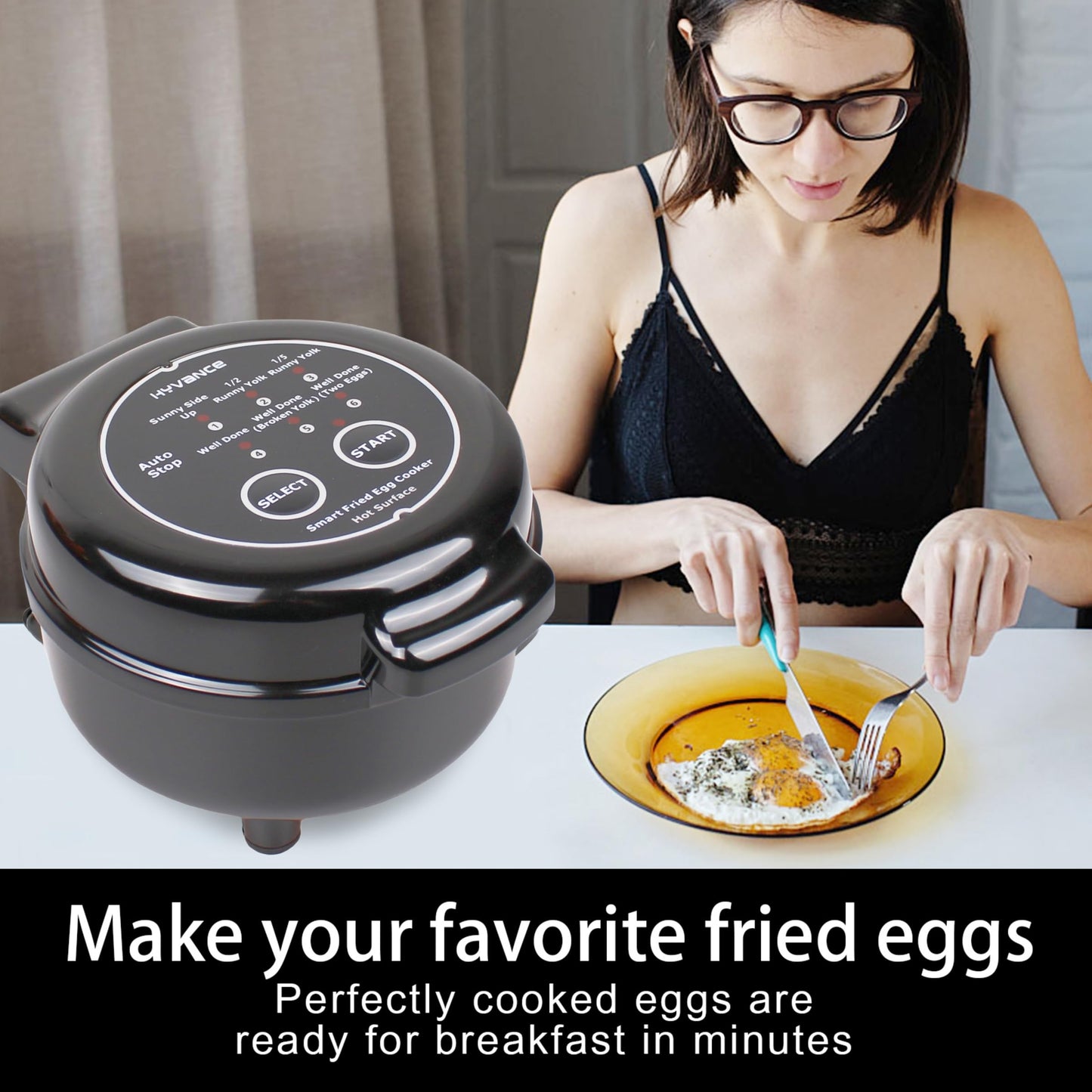 Hyvance Smart Fried Egg Cooker, 6 Fried Egg Features, Make fried egg like Sunny side up, Over easy etc. It automatically stops with sound alert when done, Non stick coating, Patent applied (BLACK)